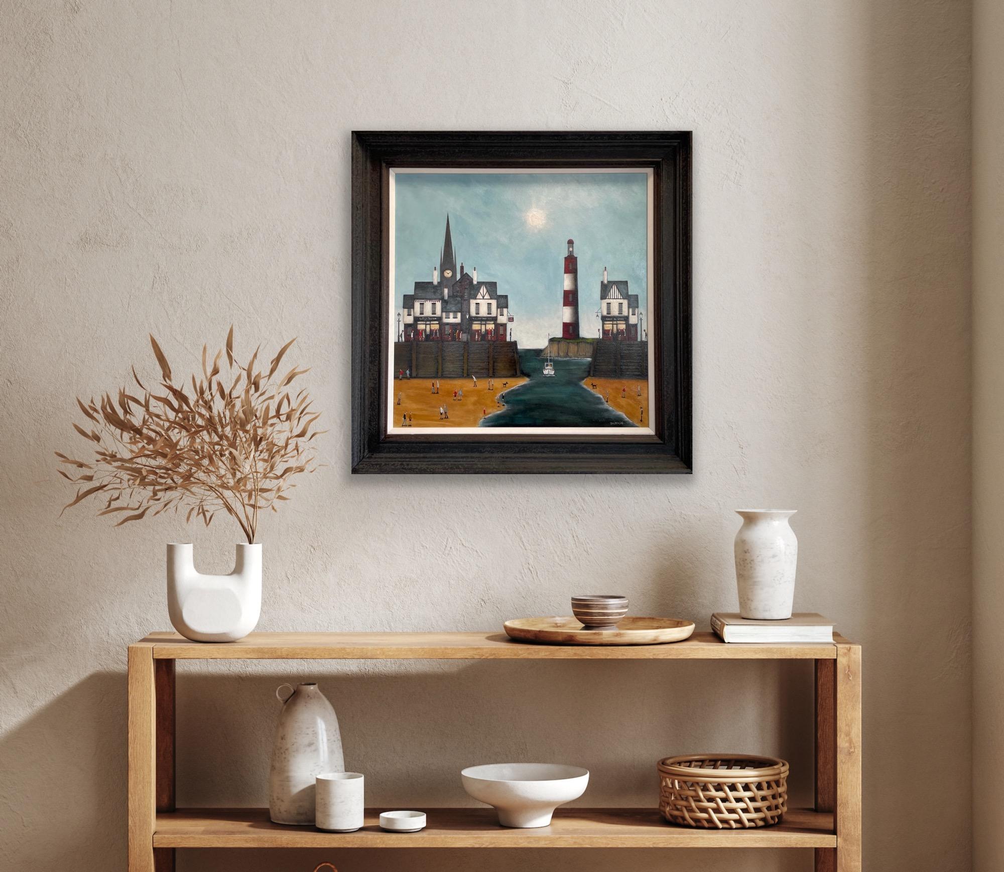 Betty's tearoom, original painting, Seascape, Town, People, Lighthouse For Sale 2