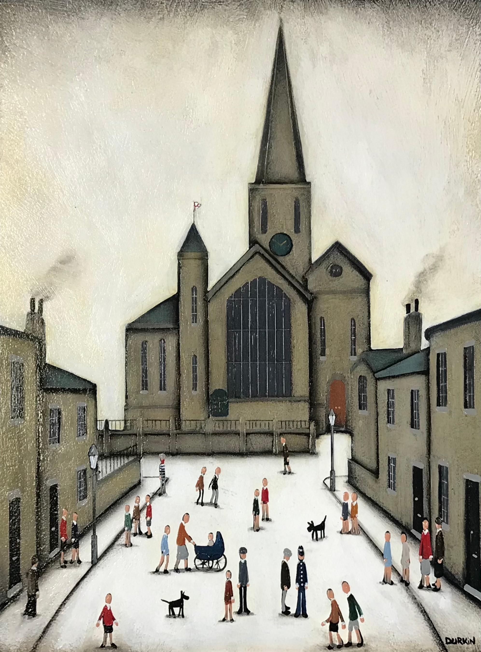Sean Durkin Landscape Painting -  Burford Church, Cotswolds Life, Landscape, People, Cotswold, Cityscape, Walking