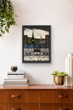 Bustling Street VI, Modern Figurative Painting, Industrial Cityscape Artwork