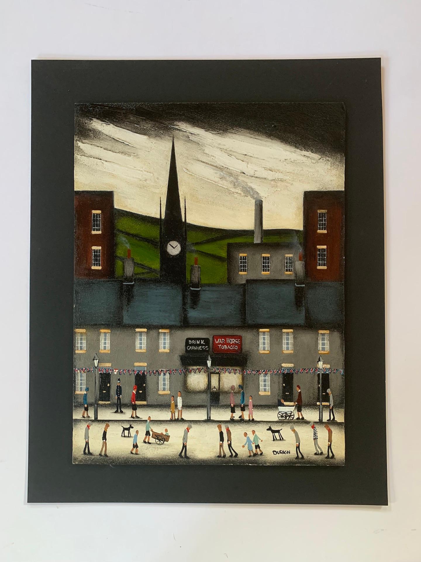 Bustling Street VI is an original painting by Sean Durkin. The scene depicts the high street of an industrial town with people going about their usual lives. As with all of Sean's works this painting includes his trade mark characters of the robber