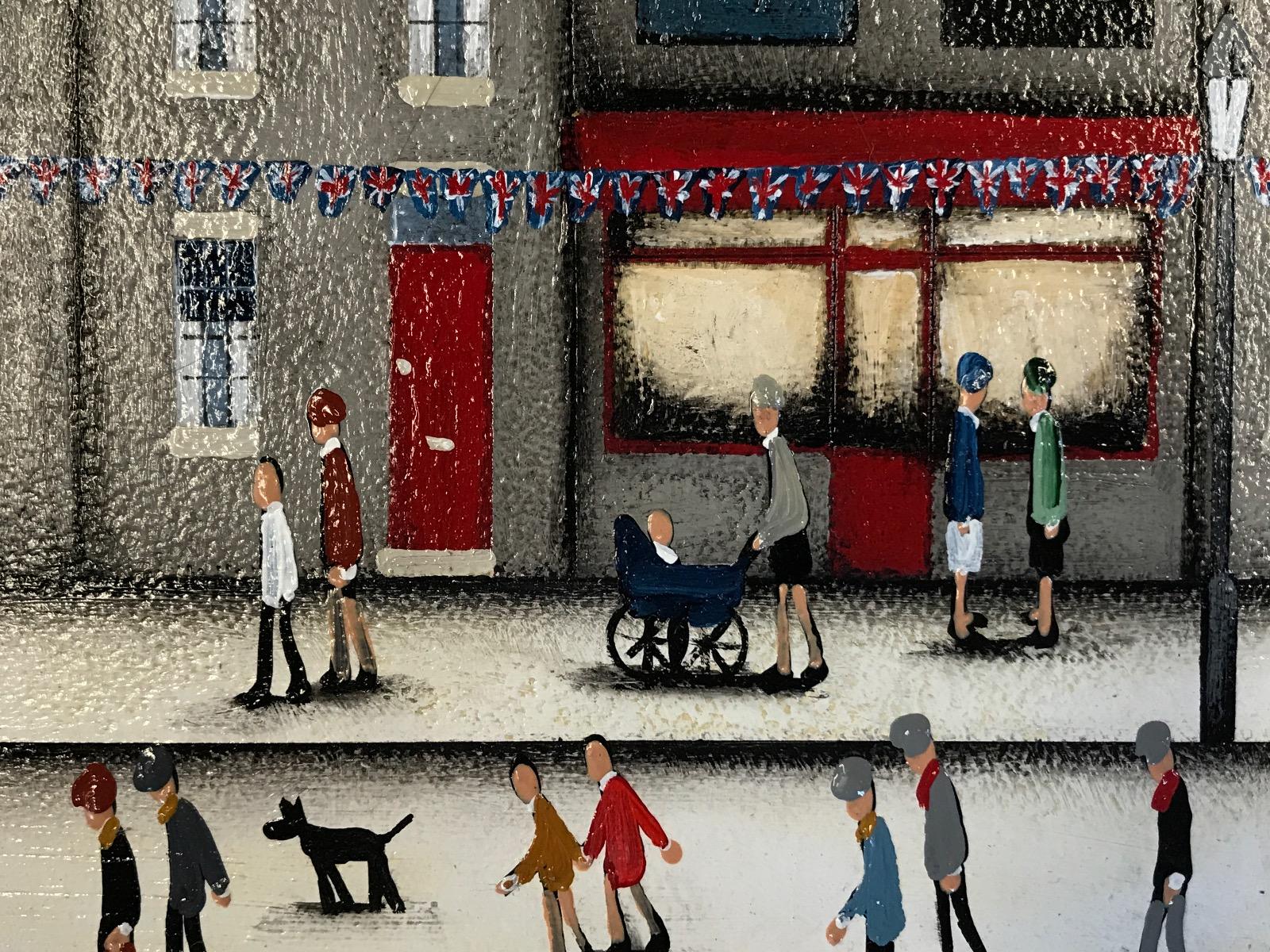 Peinture à l'huile originale High Street Shopping III, Art urbain, Figuratif - Noir Figurative Painting par Sean Durkin