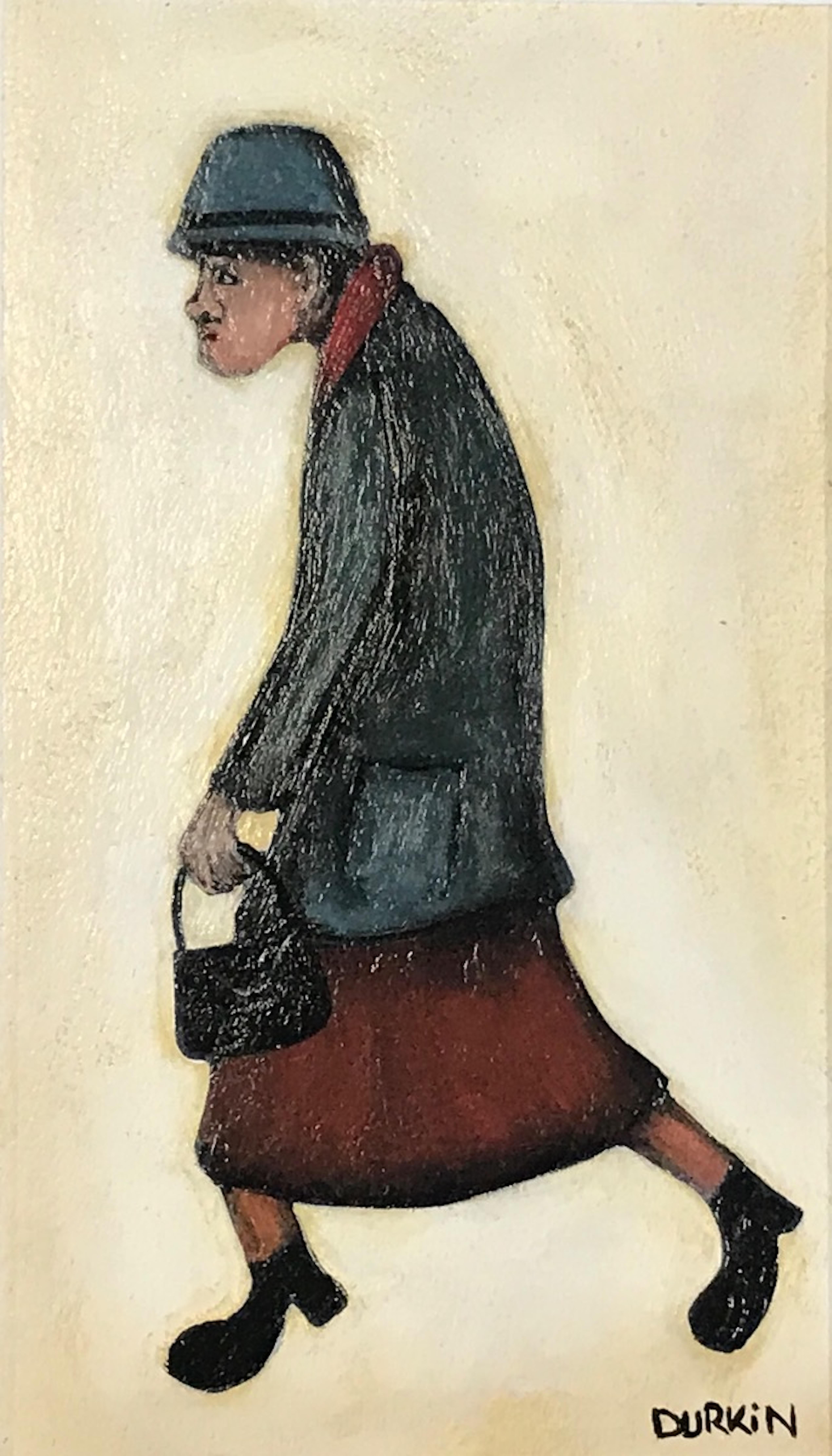 Originalgemälde von Lady on a walk von Sean Drukin. Sean verwendet sehr gedeckte Farben, lenkt aber die Aufmerksamkeit auf ihren roten Schal und ihren roten Rock.

ZUSÄTZLICHE INFORMATIONEN:
Acrylfarbe auf Leinwand
39,5 H x 30 B x 5 T cm (15,55 x