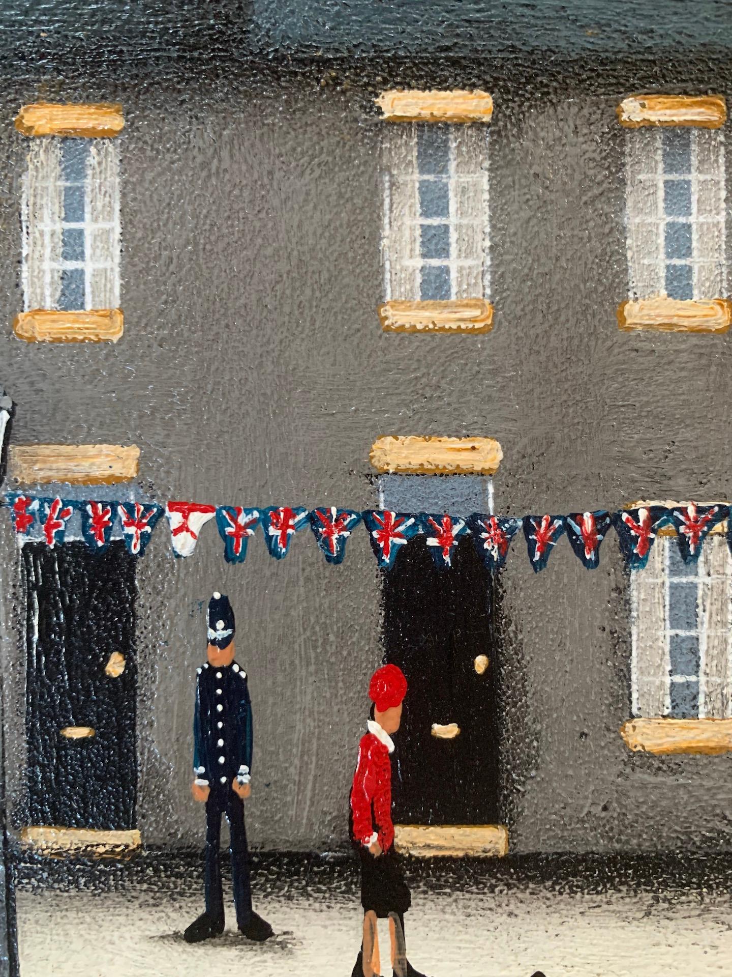 Peinture de style Lowry VI « Market Day and Bustling Street » (marché et rue animée), paysage urbain industriel - Gris Landscape Painting par Sean Durkin