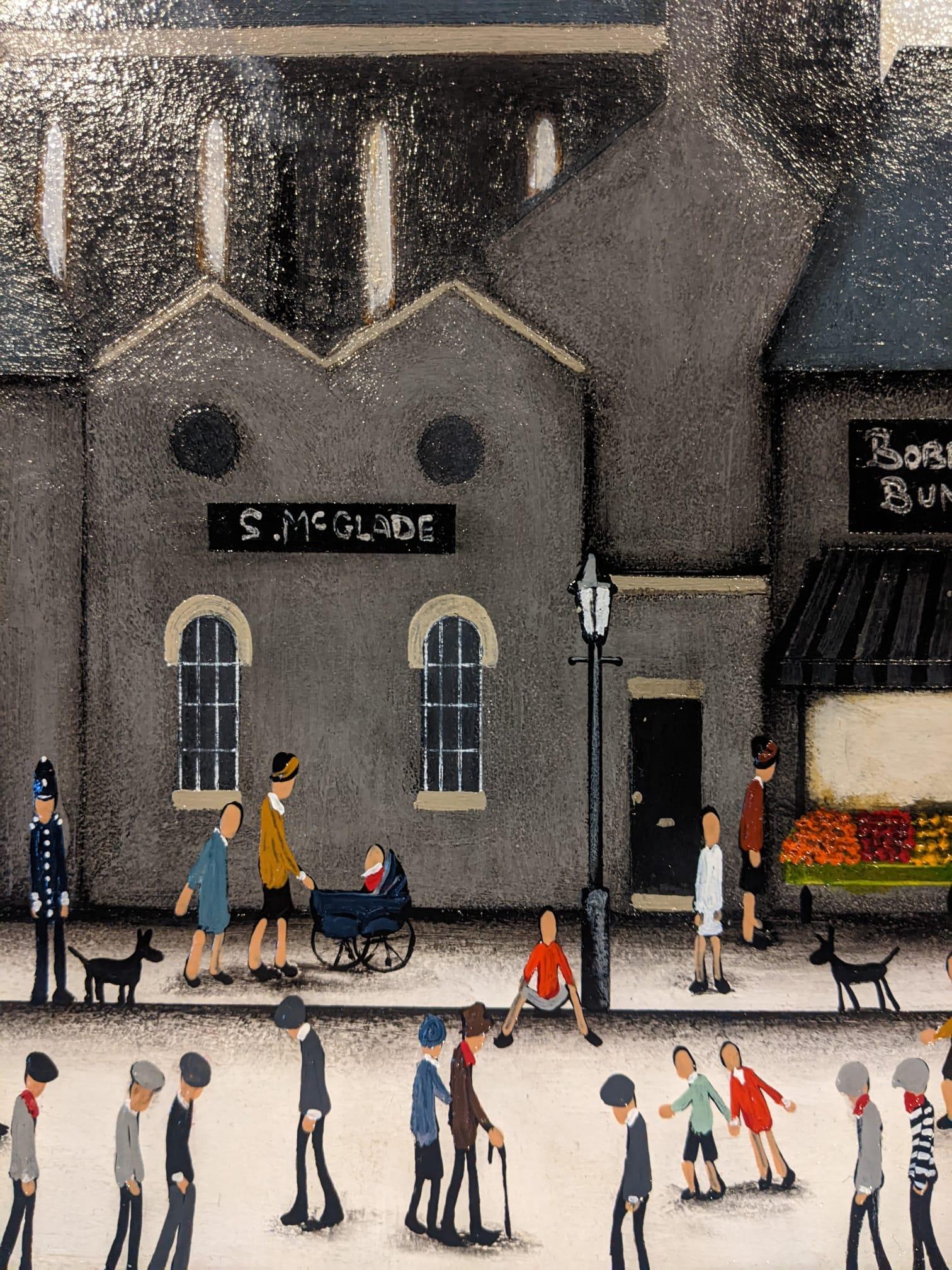 Market Day and Bustling Street VI Lowry Style Painting, Industrial Cityscape Art For Sale 1