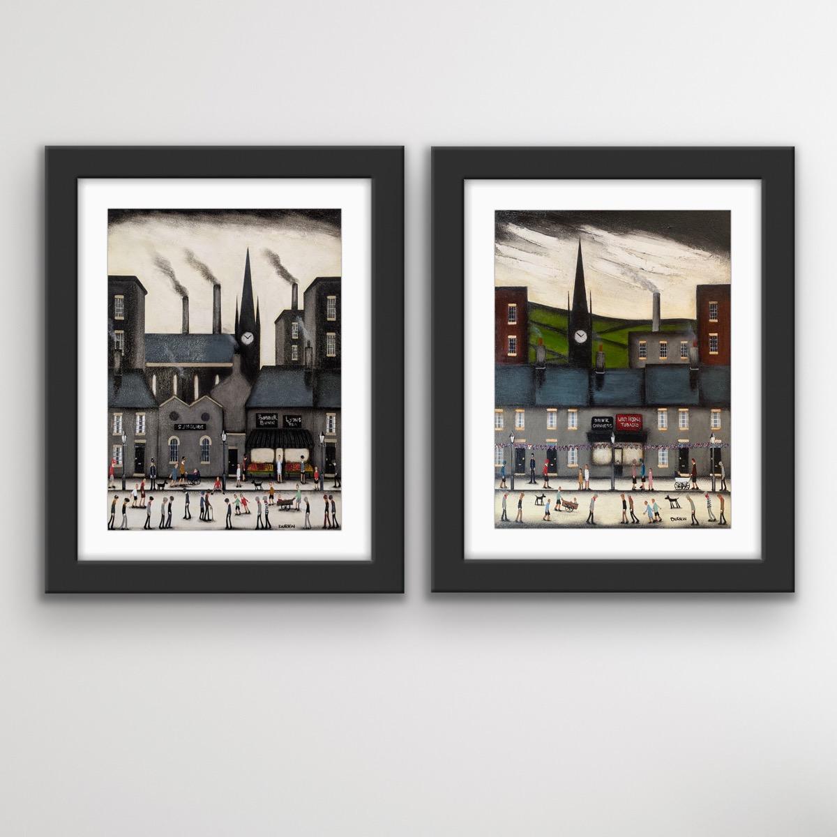 Peinture de style Lowry VI « Market Day and Bustling Street » (marché et rue animée), paysage urbain industriel