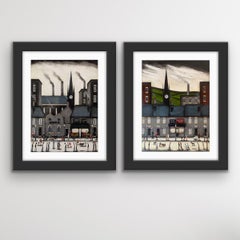 Market Day and Bustling Street VI Lowry Style Painting, Industrial Cityscape Art