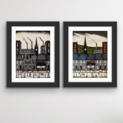 Peinture de style Lowry VI « Market Day and Bustling Street » (marché et rue animée), paysage urbain industriel