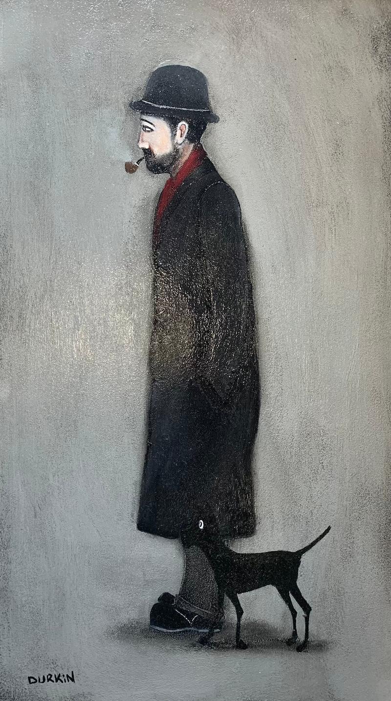 Sean Durkin Figurative Painting - One Man and His Dog, after Lowry art, dog art, matchstick people art