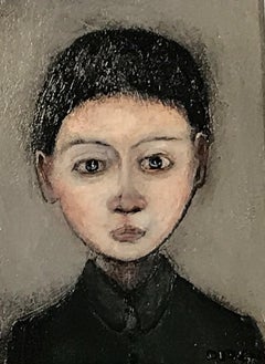 The Boy, peinture de portrait, figuratif, homme, tons sombres, contemporain