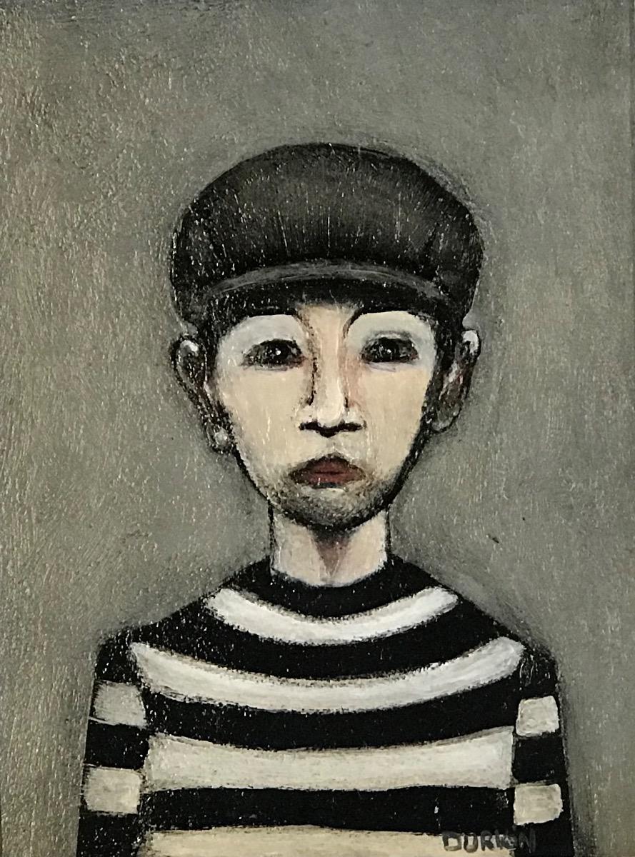 Sean Durkin Portrait Painting - The robber, portrait painting, figurative, man, dark tones, stripped shirt 