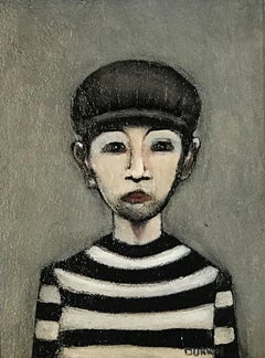 The robber, portrait painting, figurative, man, dark tones, stripped shirt 