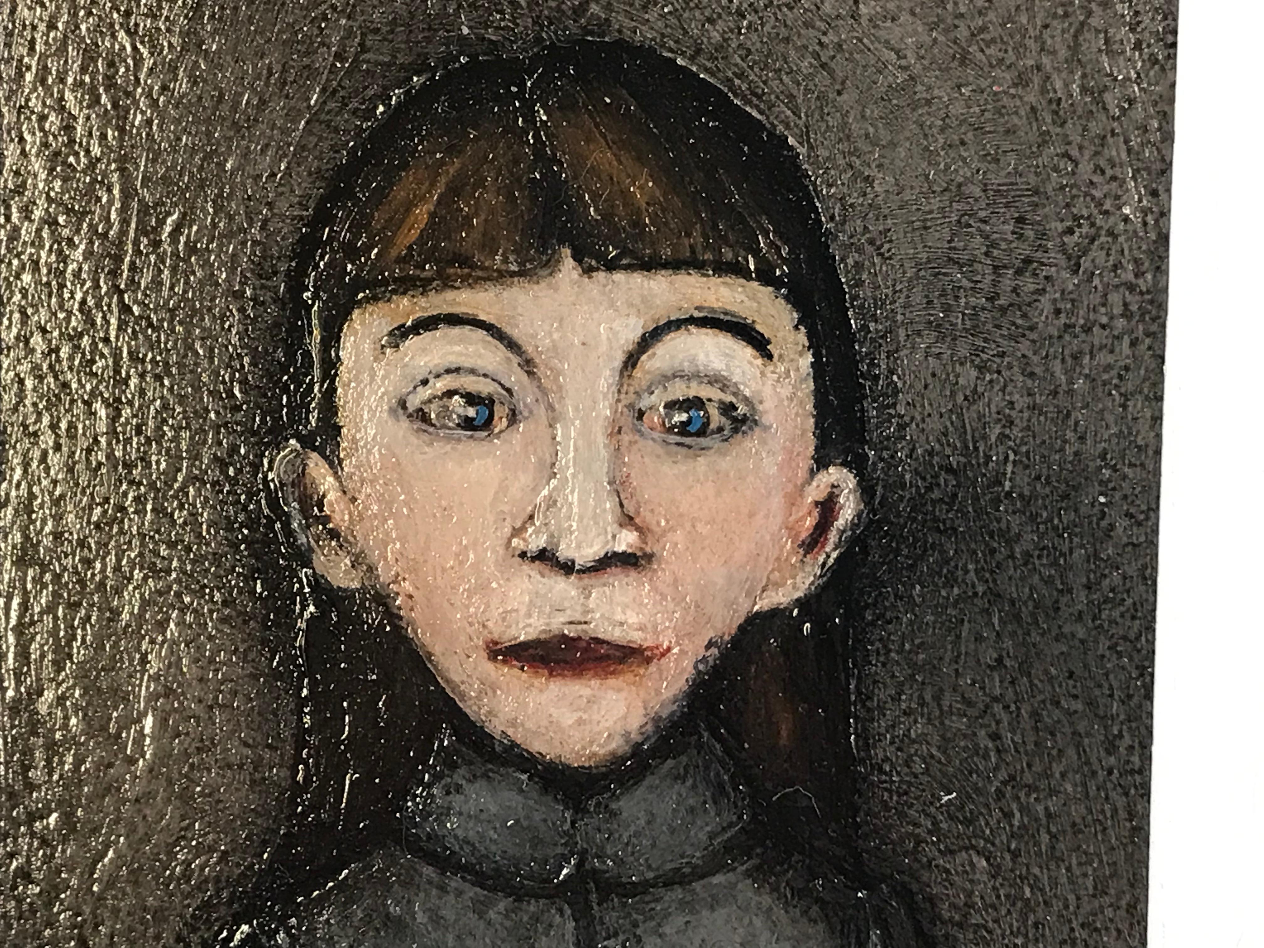 Young girl in grey jacket, Portrait, impressionist, Girl  - Black Portrait Painting by Sean Durkin