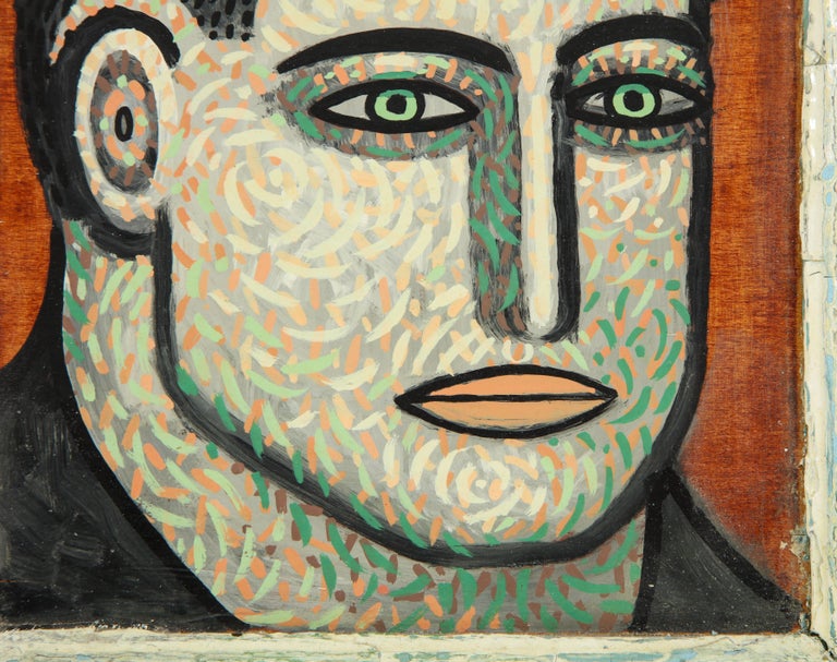 Someone by Sean Earley, oil on cabinet door, portrait, painting, signed. Well executed portrait of a man with light green, white and orange hash marks on his face and embellished eyes, ears, and lips. The painting is signed lower left in silver
