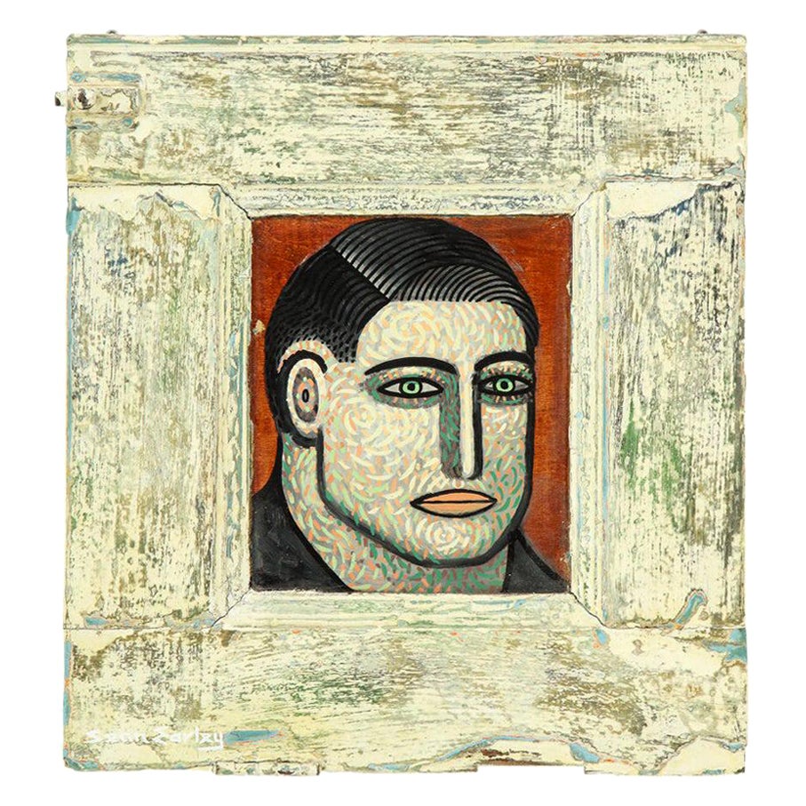 Sean Earley, „Someone“, Öl auf Schranktür, Porträt, Gemälde, signiert