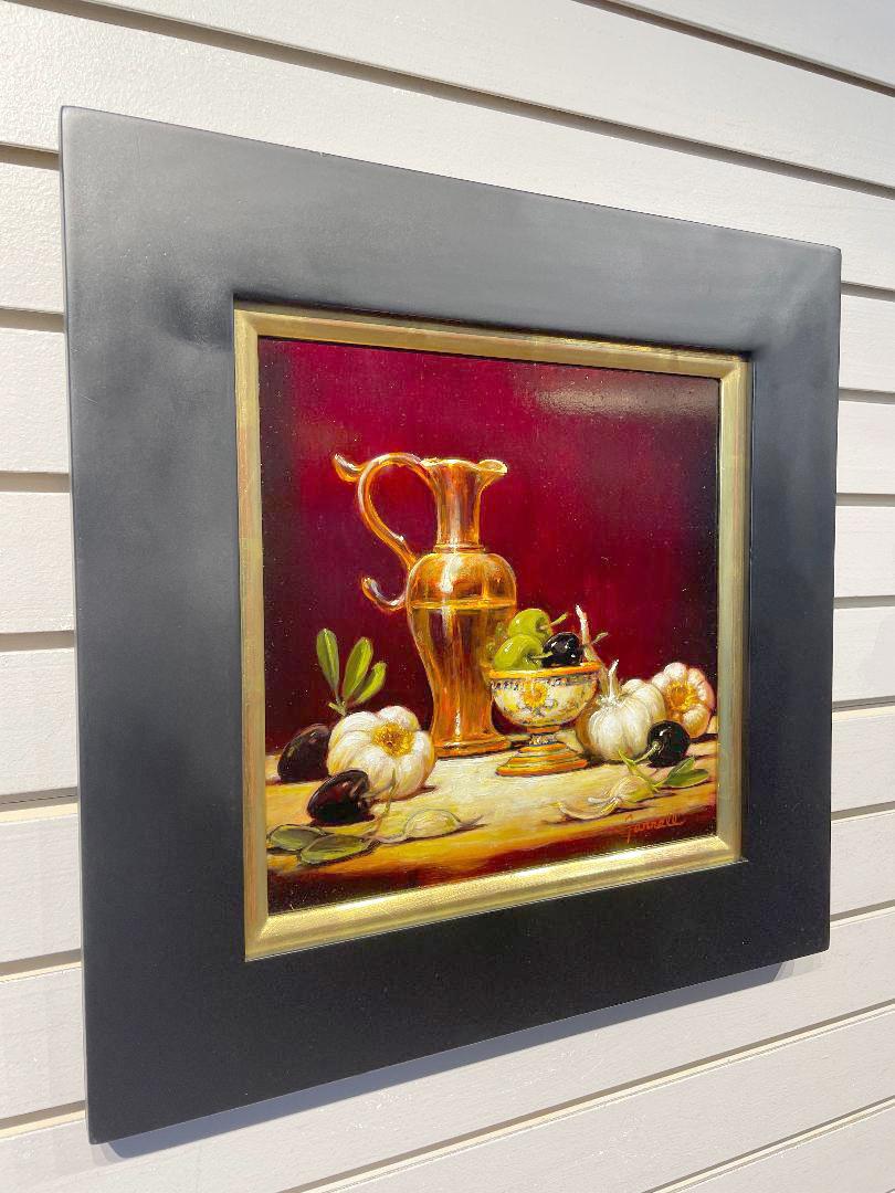 Sean Farrell, „Olive Oil and Garlic“, 12x12 Stillleben, Ölgemälde auf Leinwand (Realismus), Painting, von Sean Farrell 