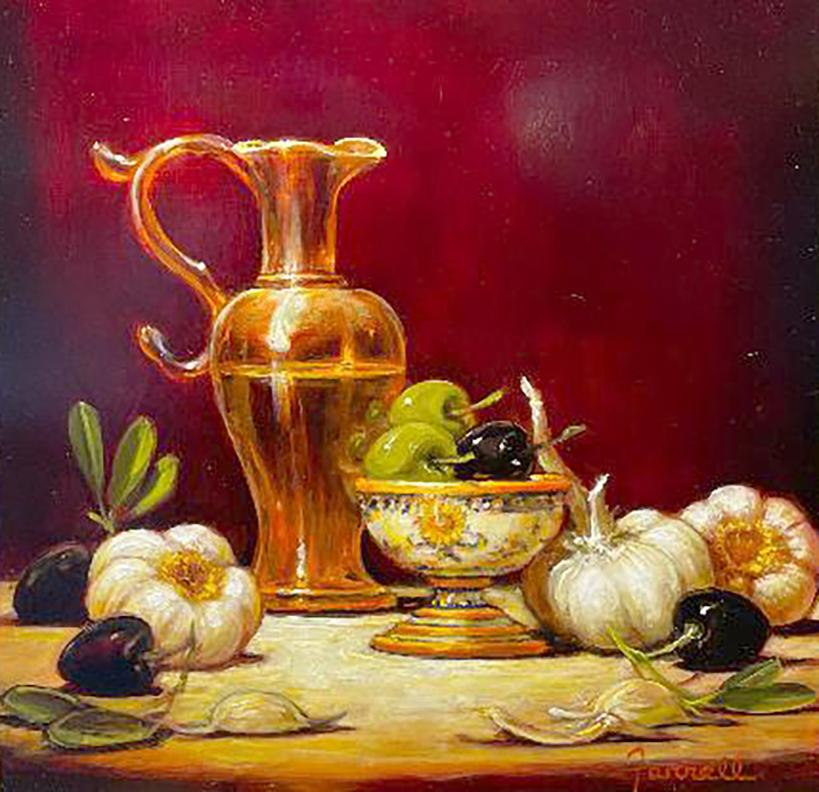 Sean Farrell  Still-Life Painting - Sean Farrell, "Olive Oil and Garlic", 12x12 Still Life Oil Painting on Canvas