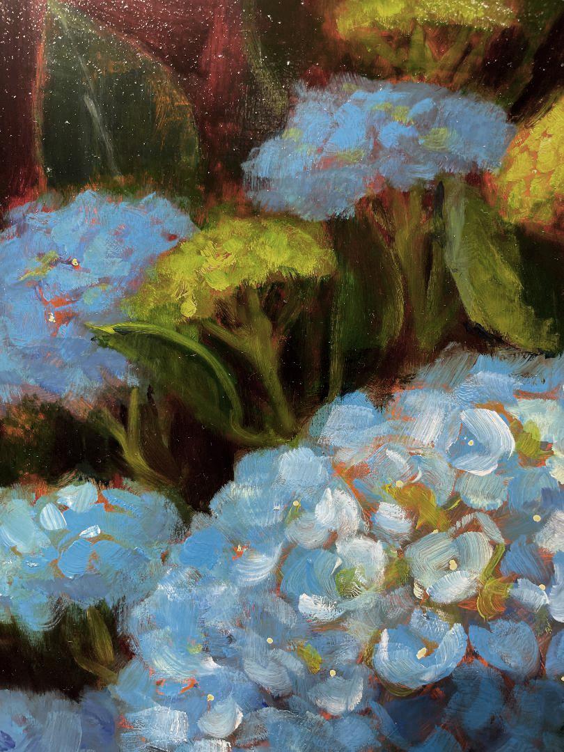 Sean Farrell, « Blue Hydrangea Bloom », peinture à l'huile - Nature morte florale 16x10  en vente 4