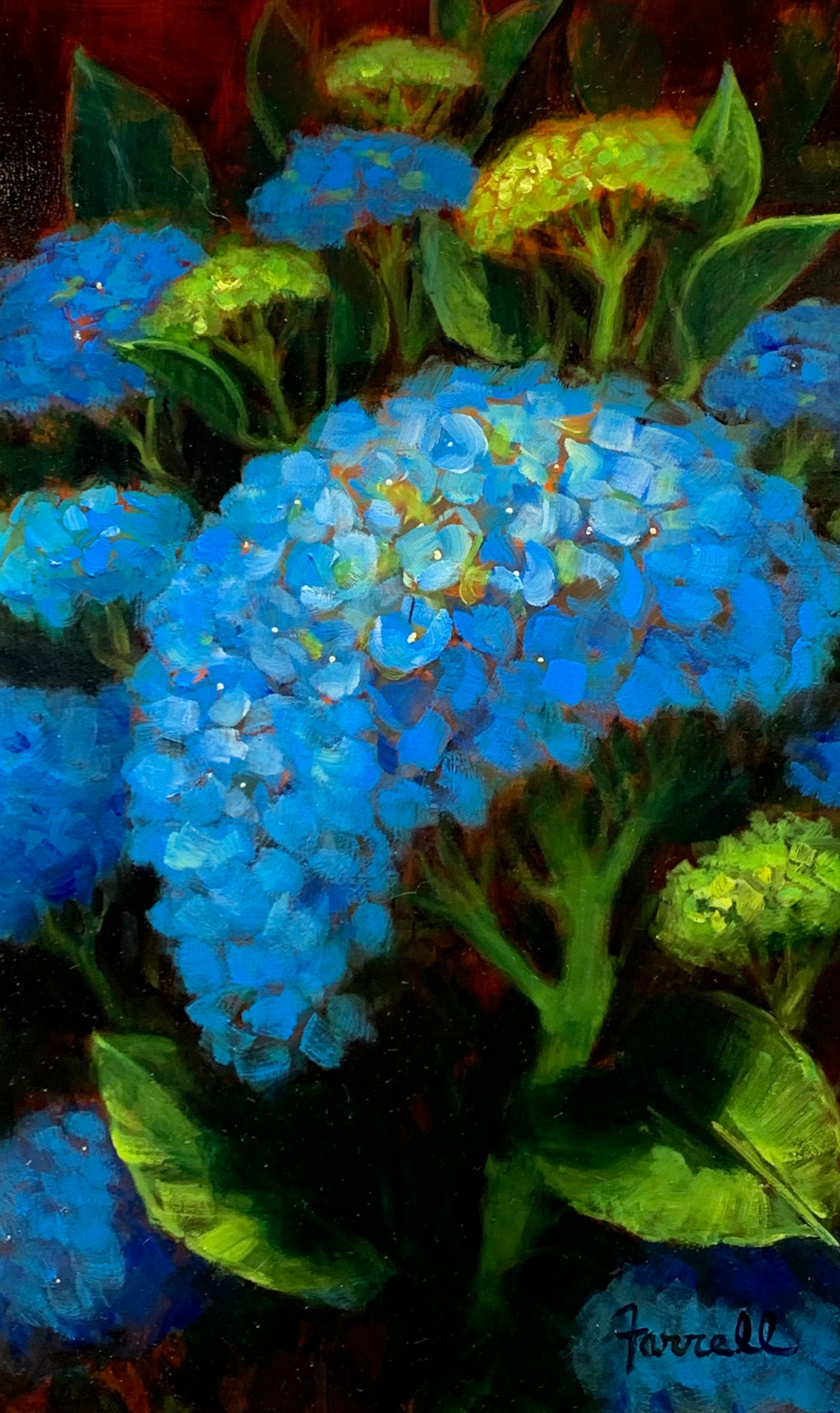 Sean Farrell, "Blue Hydrangea Bloom", 16x10 Floral Still Life Oil Painting 
