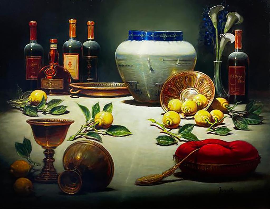 Esta obra de realismo dramático, "Celebrando la vela", es una pintura al óleo sobre tabla de 38x48 del artista Sean Farrell. Aparece un vibrante bodegón de vino, limones y diversos recipientes situados graciosamente sobre una tela de lino blanco. El