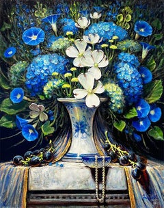 Sean Farrell, « Dogwood and Hydrangea », peinture à l'huile - Nature morte florale de 26 x 20 cm 