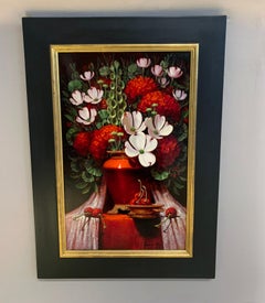 Sean Farrell, "Dogwoods and Red Geraniums", 24x15 Floral Still Life Oil Painting
