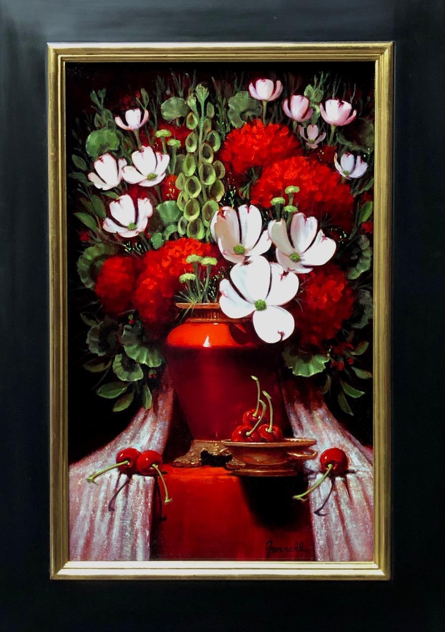 "Dogwoods and Red Geraniums", is a 24x15 oil painting on canvas by artist Sean Farrell featuring a flourish of white aromatic dogwood blooms and branches. Clusters of blossomed red geraniums breathe life and energy into this lush bouquet. Strong
