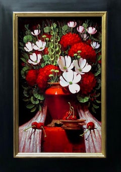 Sean Farrell, "Dogwoods and Red Geraniums", 24x15 Floral Still Life Oil Painting
