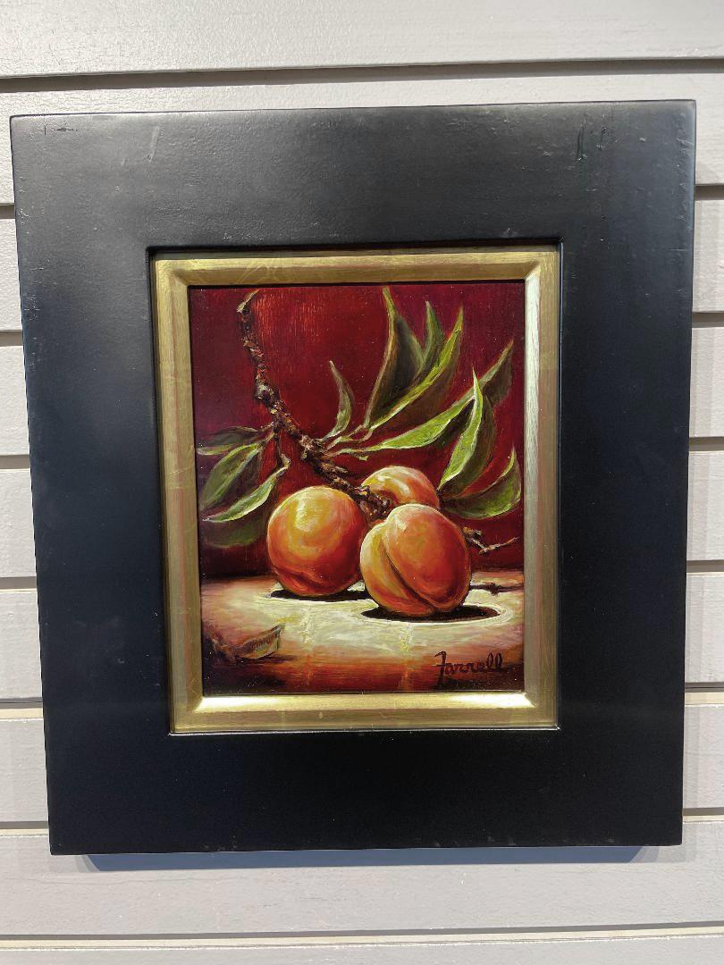 Peinture à l'huile sur panneau « Fresh Pick » de Sean Farrell, nature morte de fruits de pêche, 10x8 en vente 1