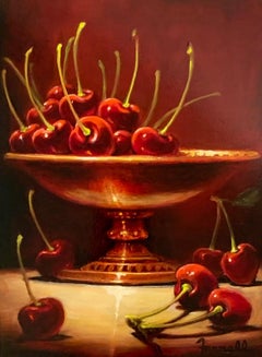 Sean Farrell, "Lit Up Life", 12x9 Red Cherry Fruit Still Life Oil Painting 