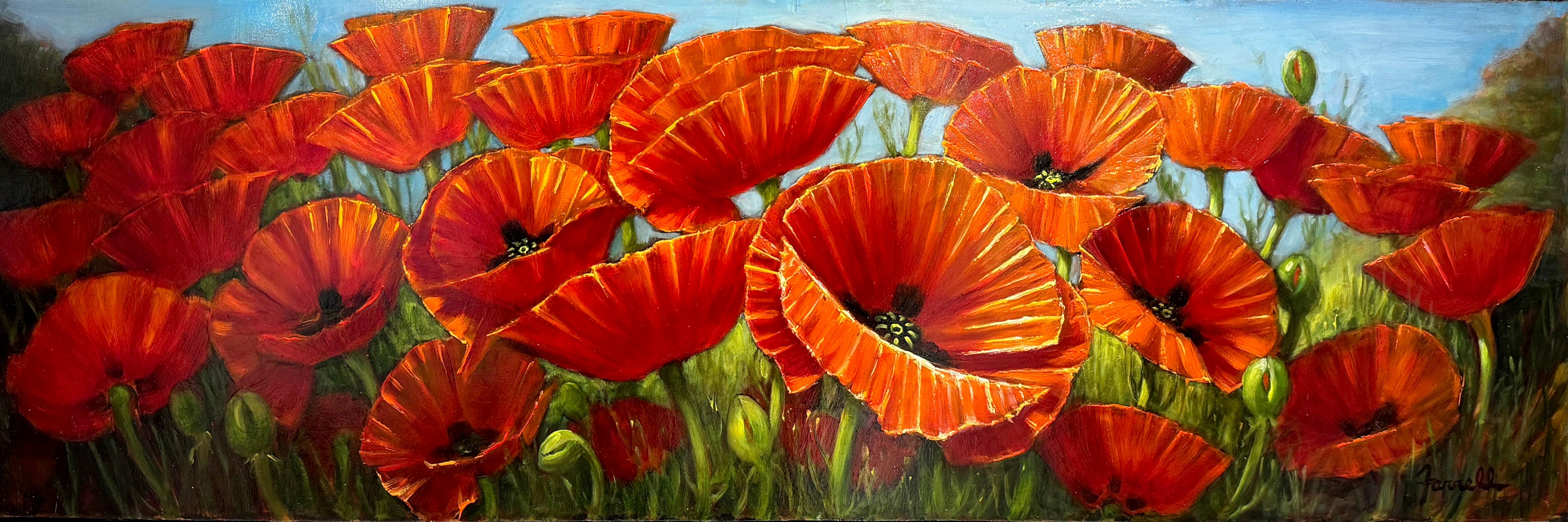 "Red Poppies in Tuscany", is a 12x36 oil painting on board by artist Sean Farrell featuring a field of red aromatic poppy flowers against a blue sky background. Clusters of blossomed red poppies breathe life and energy into this lush garden. Strong