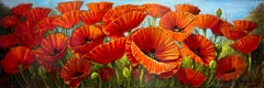 Used Sean Farrell, "Red Poppies in Tuscany", 12x36 Floral Still Life Oil Painting