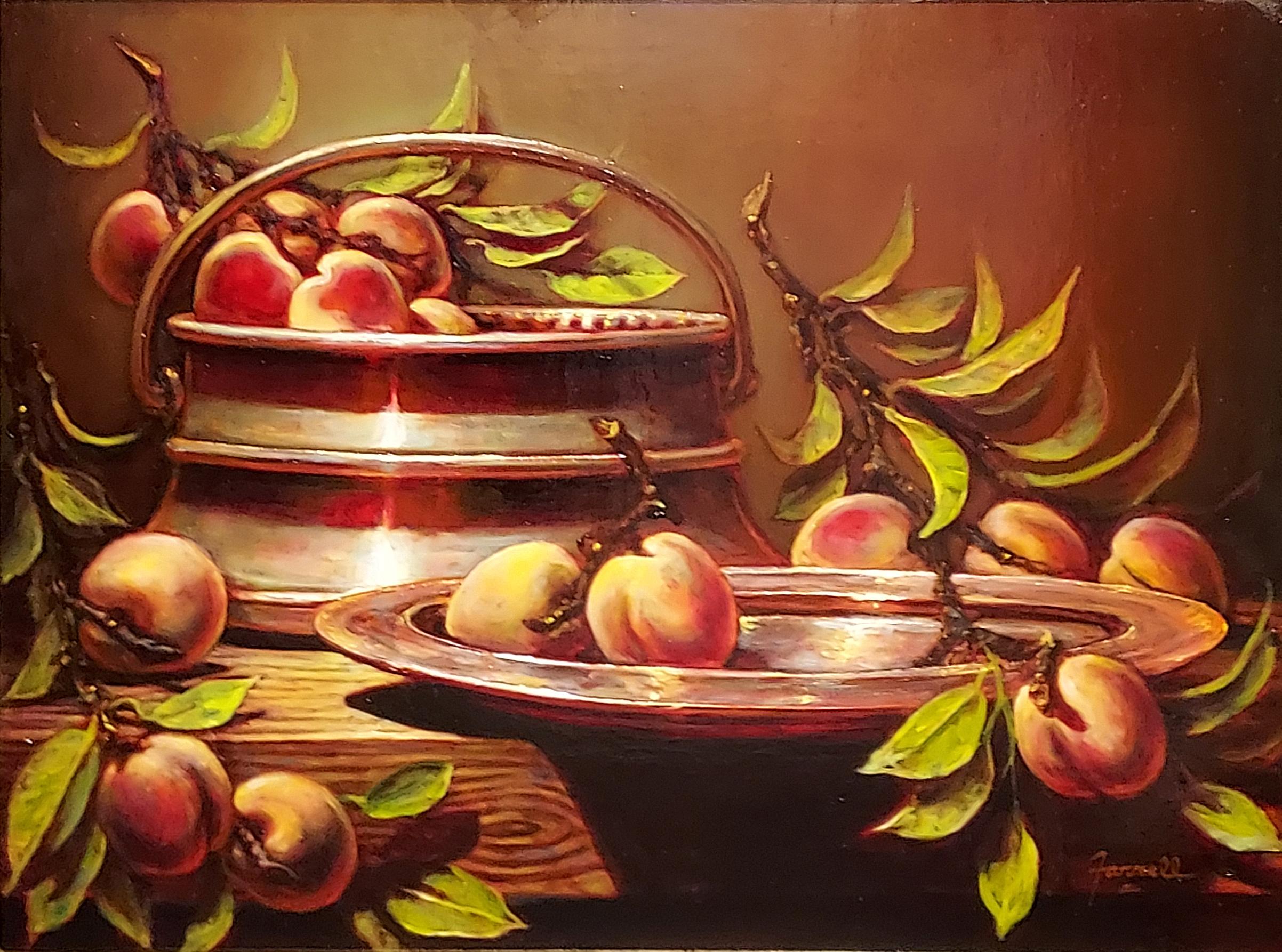 "Die Pfirsichernte", ist ein 18x24 Ölgemälde auf Leinwand des Künstlers Sean Farrell. Es handelt sich um ein Arrangement aus frisch geernteten Pfirsichen, die noch mit ihren Blättern am Stiel hängen und ein Kupfergefäß überfluten. Ihre sanften