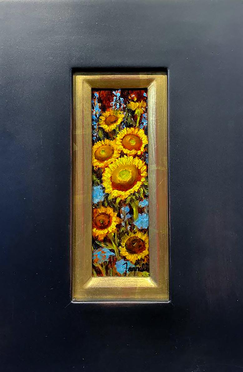 "Toward the Sun", is a 8x3 oil painting on board by artist Sean Farrell. Featured is a grouping of thriving yellow sunflowers mixed with blue flowers, leaning and reaching up towards the warmth of the sun. Dramatic light combined with a dark