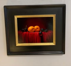 Sean Farrell, "Due di noi", pittura a olio su tela 9x12, natura morta rossa di frutta