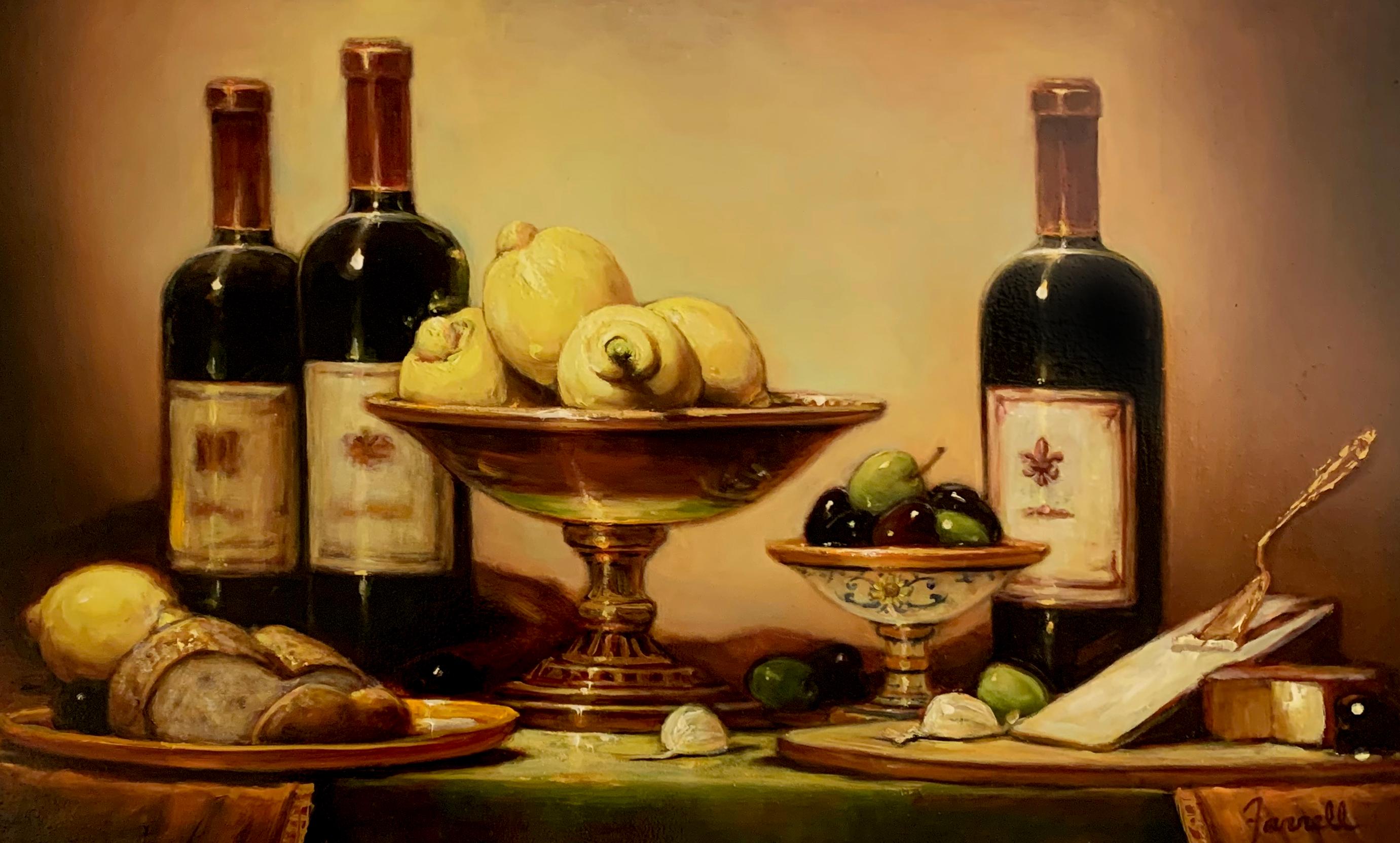 Sean Farrell, "Wine and Cheese", 15x24 Tuscan Still Life Oil Painting on Board