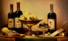 Sean Farrell, "Wine and Cheese", 15x24 Tuscan Still Life Oil Painting on Board