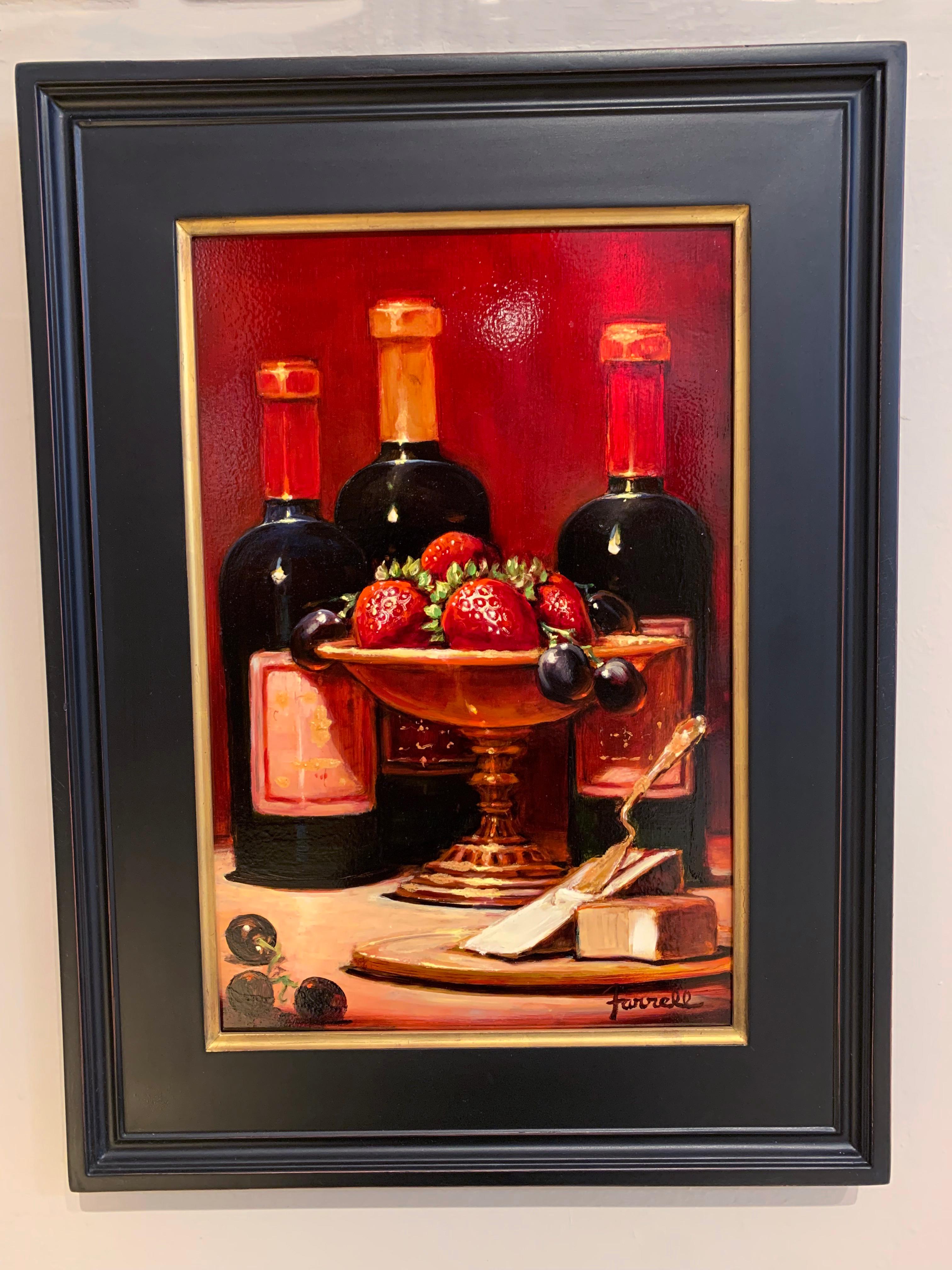 Sean Farrell, „Wein und Käse mit Erdbeeren“, 15x10 Stillleben, Ölgemälde  im Angebot 1