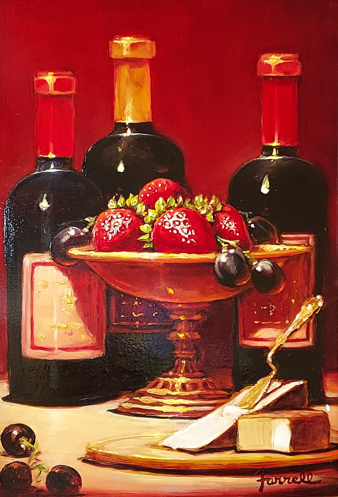 "Wein und Käse mit Erdbeeren" ist ein 15x10 großes Ölgemälde auf Leinwand des Künstlers Sean Farrell, das eine große Auswahl an Wein und Obst zeigt. Ein polierter Kelch mit reifen Erdbeeren und Weintrauben steht neben einer hölzernen Käseplatte.  In