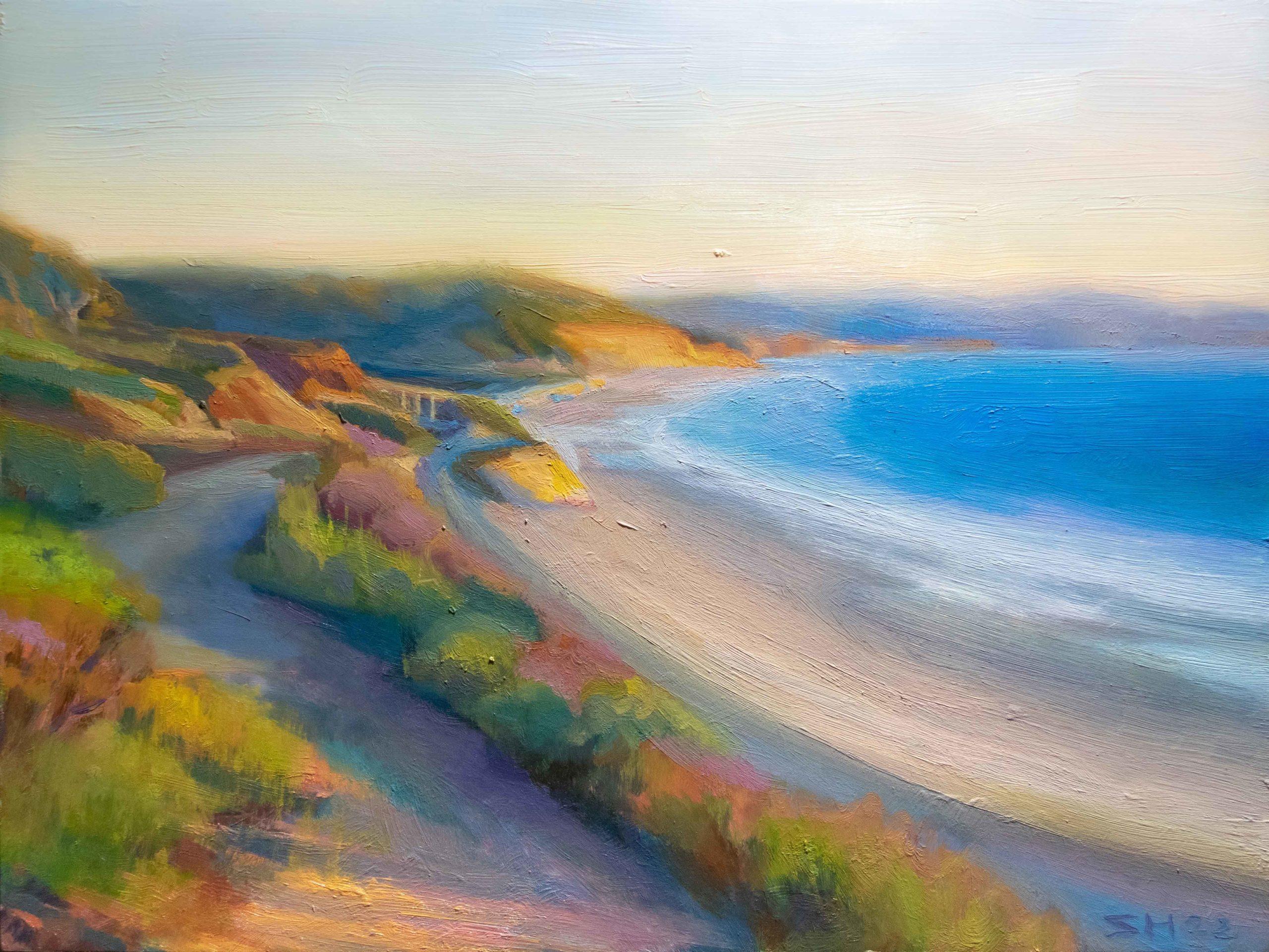 Sean Hnedak Landscape Painting – Impressionistisches Ölgemälde auf Tafel Meereslandschaft, Gemälde, „Das letzte Licht in Torrey“