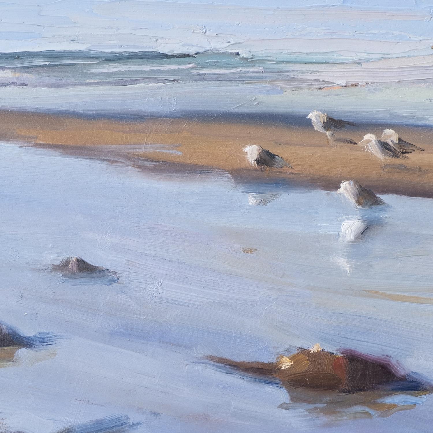Peinture impressionniste à l'huile représentant un paysage marin, 