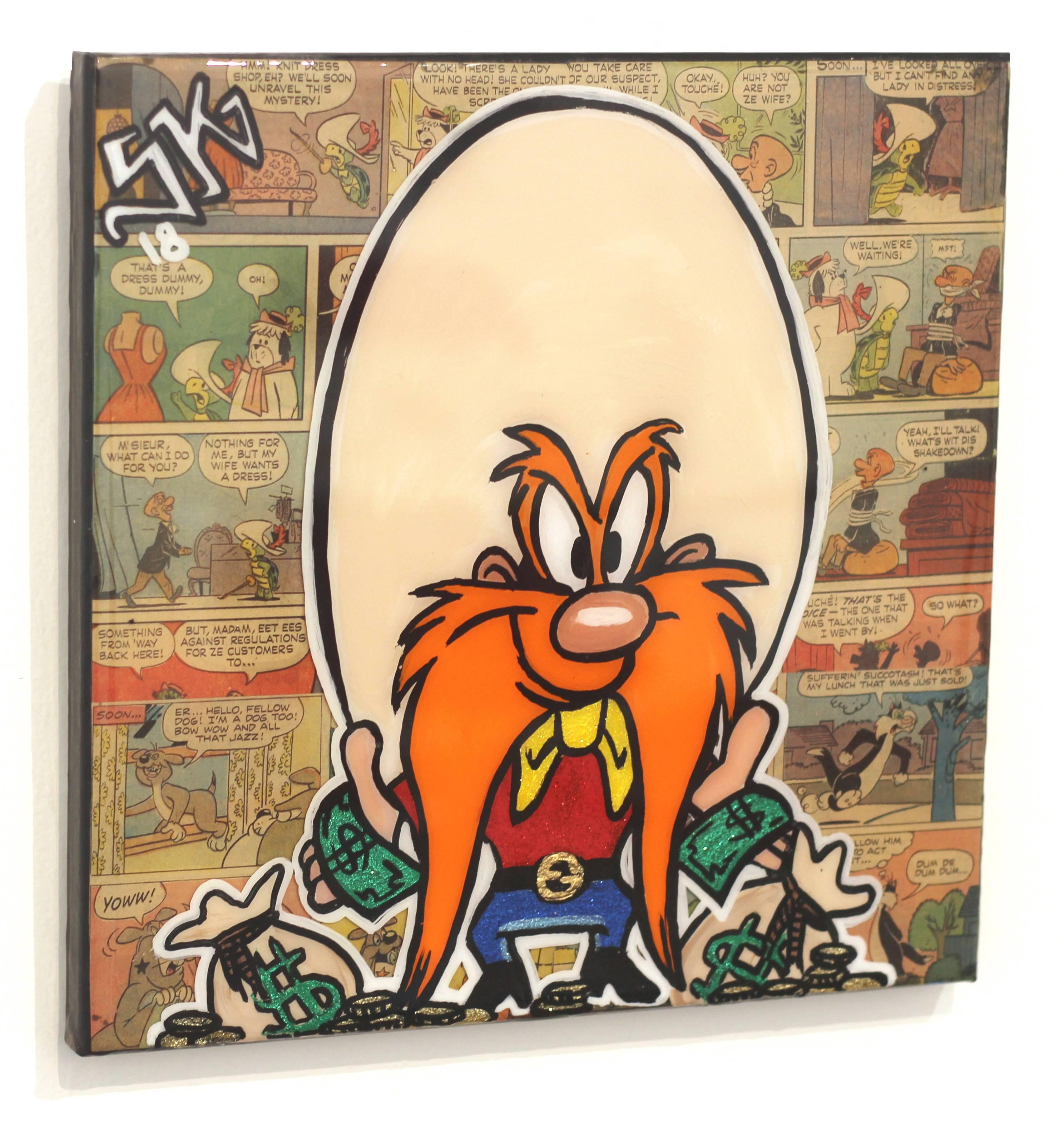 Sean Keith creates unique artworks inspired by street and pop art, using mixed media, acrylic paint and sealing his art with a smooth layer of resin, adding a glossy finish and depth to his artworks.

This one-of-a-kind 12 inch square artwork is