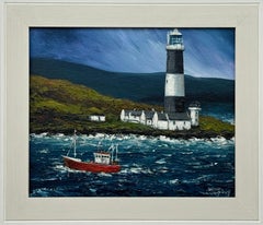 Impasto Painting of Red Trawler on Irish Coast with Lighthouse by Irish Artist