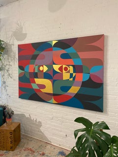 Ouroboros and Helmet Face, Abstract Acrylic Painting, Signed, 2010s