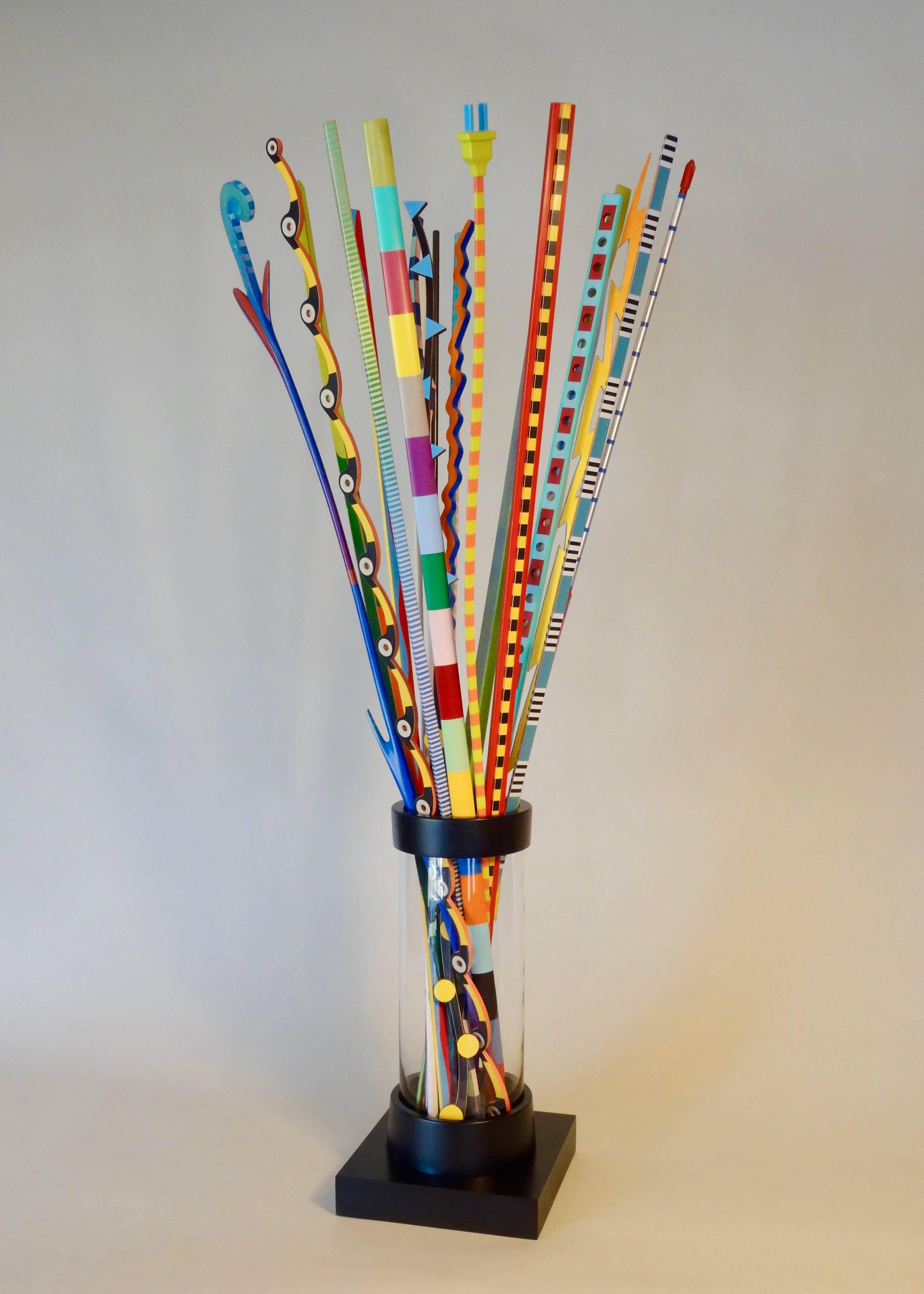 Sean O'Meallie Abstract Sculpture - "Vase of Colorful Sticks" (LARGE) original hand carved wooden sculpture