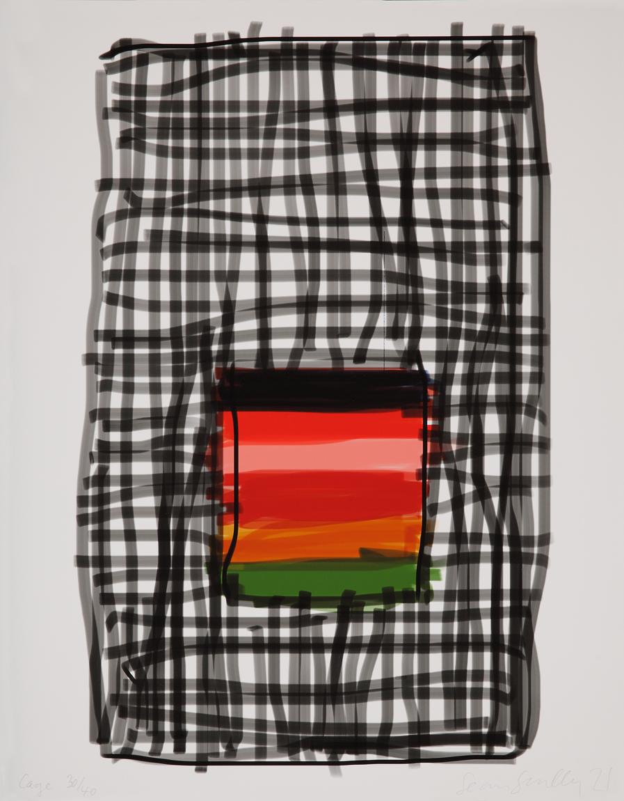 Sean Scully Abstract Print - Cage - iPhone drawing, pigment print, window, grid, black and colorful