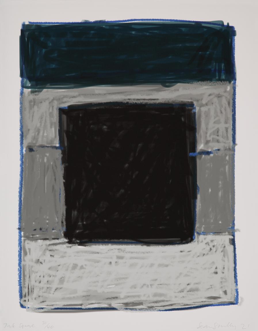 Sean Scully Abstract Print - Dark Square - iPhone drawing, pigment print, blue, grey, wall, window