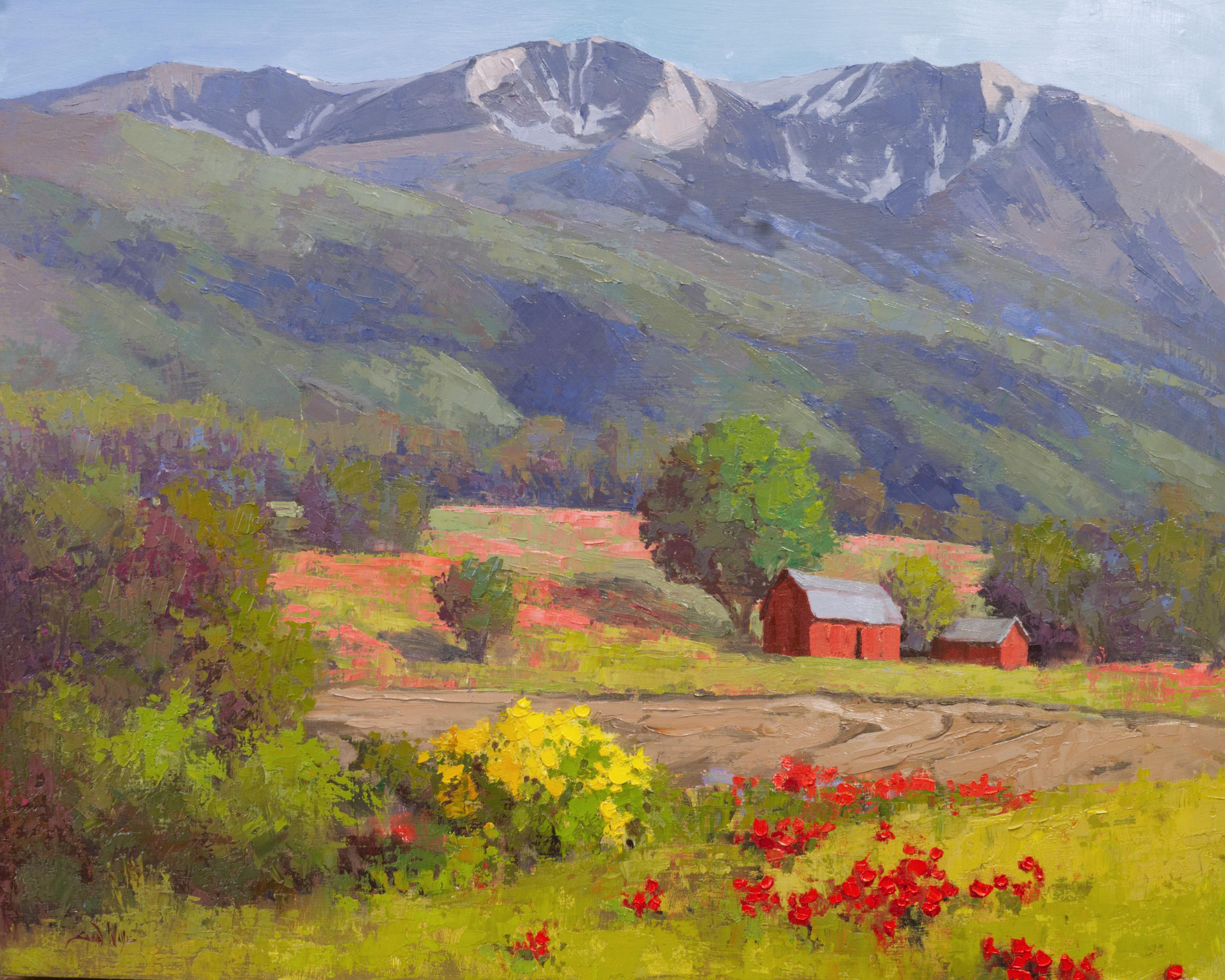 Sean Wallis Landscape Painting - Below Mount Sopris (landscape, barn, mountain, summer)