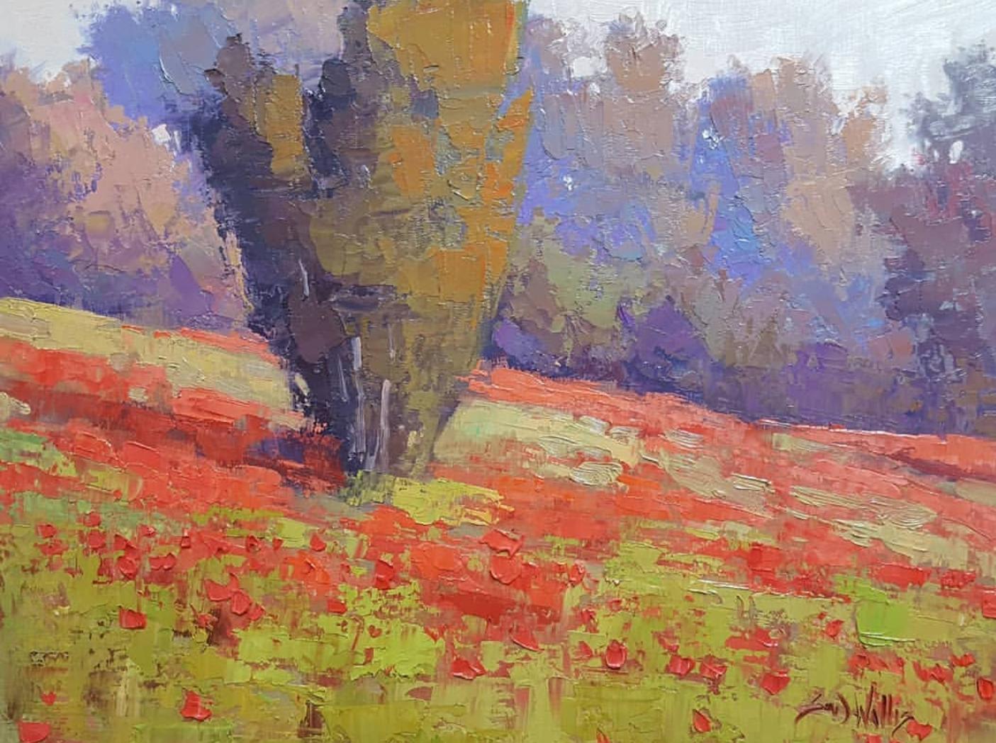 Sean Wallis Landscape Painting - Evening Poppies (fields, poppies, vibrant)