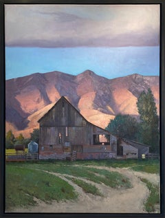 The Glowing Light (desert mountains, old barn, luminous, salmon/gray/blue/green)