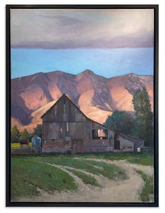 The Glowing Light (desert mountains, old barn, luminous, salmon/gray/blue/green)